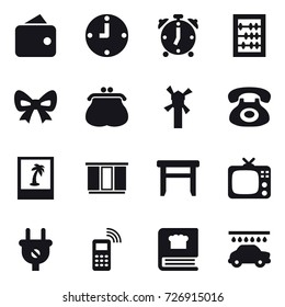 16 vector icon set : wallet, clock, alarm clock, abacus, bow, purse, windmill, photo, wardrobe, stool, tv, car wash