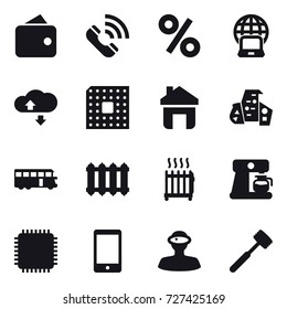 16 vector icon set : wallet, call, percent, notebook globe, cloude service, cpu, home, modern architecture, bus, radiator, coffee maker, meat hammer