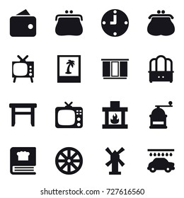 16 vector icon set : wallet, purse, clock, tv, photo, wardrobe, dresser, stool, fireplace, hand mill, wheel, windmill, car wash