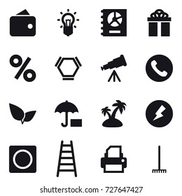 16 vector icon set : wallet, bulb, annual report, gift, percent, hex molecule, telescope, phone, island, electricity, ring button, stairs, rake