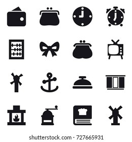 16 vector icon set : wallet, purse, clock, alarm clock, abacus, bow, tv, windmill, service bell, wardrobe, fireplace, hand mill