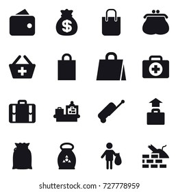 16 vector icon set : wallet, money bag, shopping bag, purse, add to basket, suitcase, baggage checking, baggage, fertilizer, trash, construct garbage