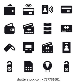 16 vector icon set : wallet, tap to pay, pass card, credit card, atm, identity card, do not distrub, sheep