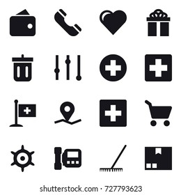 16 vector icon set : wallet, phone, heart, gift, bin, equalizer, first aid, cart, handwheel, intercome, rake, package
