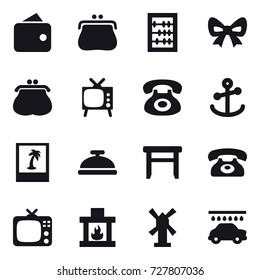 16 vector icon set : wallet, purse, abacus, bow, tv, photo, service bell, stool, phone, fireplace, windmill, car wash