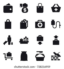16 vector icon set : wallet, money gift, shopping bag, add to basket, passenger, baggage checking, baggage get, baggage, baggage trolley, washing powder, construct garbage