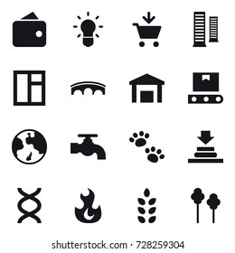 16 vector icon set : wallet, bulb, add to cart, skyscrapers, window, bridge, earth, water tap, pets, spikelets, trees