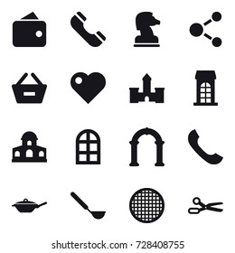 16 vector icon set : wallet, phone, chess horse, molecule, remove from basket, heart, castle, building, mansion, arch window, arch, pan, ladle, scissors