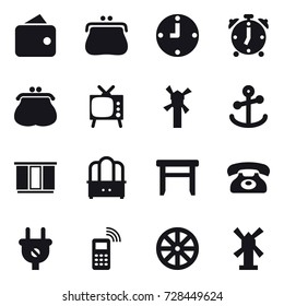 16 vector icon set : wallet, purse, clock, alarm clock, tv, windmill, wardrobe, dresser, stool, phone, wheel