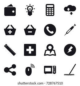 16 vector icon set : wallet, bulb, calculator, cloude service, add to basket, remove from basket, phone, ruler, first aid, map, electricity, rake