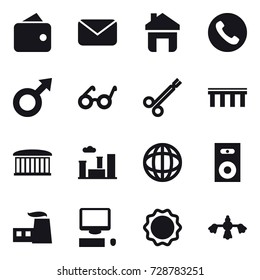 16 vector icon set : wallet, mail, home, phone, bridge, airport building, city, speaker, hard reach place cleaning