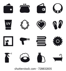 16 vector icon set : wallet, purse, necklace, uv cream, hawaiian wreath, heart pendant, flip-flops, flower in window, hair dryer, towels, flower, sprayer, soap, shampoo, bath
