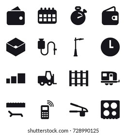 16 vector icon set : wallet, calendar, stopwatch, box, outdoor light, trailer, lounger, garlic clasp