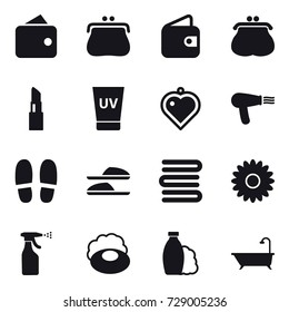 16 vector icon set : wallet, purse, lipstick, uv cream, heart pendant, hair dryer, slippers, towels, flower, sprayer, soap, shampoo, bath