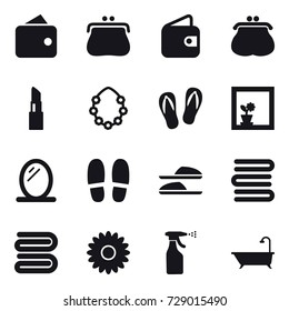 16 vector icon set : wallet, purse, lipstick, hawaiian wreath, flip-flops, flower in window, mirror, slippers, towels, towel, flower, sprayer, bath