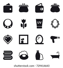 16 vector icon set : wallet, purse, necklace, uv cream, hawaiian wreath, heart pendant, flower in window, mirror, hair dryer, towel, soap, shampoo, bath