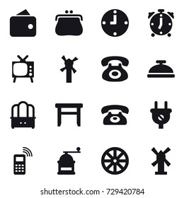 16 vector icon set : wallet, purse, clock, alarm clock, tv, windmill, service bell, dresser, stool, phone, hand mill, wheel