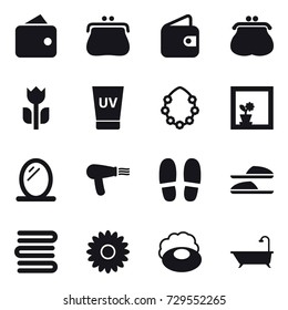 16 vector icon set : wallet, purse, uv cream, hawaiian wreath, flower in window, mirror, hair dryer, slippers, towels, flower, soap, bath