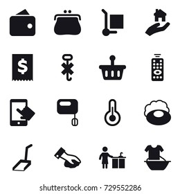 16 vector icon set : wallet, purse, cargo stoller, real estate, remote control, soap, scoop, wiping, kitchen cleaning, handle washing