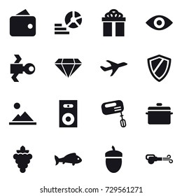 16 vector icon set : wallet, diagram, gift, eye, satellite, diamond, shield, landscape, speaker, mixer, pan, grape, fish, acorn, blower