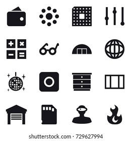 16 vector icon set : wallet, round around, cpu, equalizer, calculator, hangare, disco ball, ring button, chest of drawers, window, garage