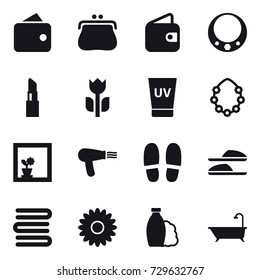 16 vector icon set : wallet, purse, necklace, lipstick, uv cream, hawaiian wreath, flower in window, hair dryer, slippers, towels, flower, shampoo, bath