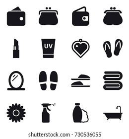 16 vector icon set : wallet, purse, lipstick, uv cream, heart pendant, flip-flops, mirror, slippers, towel, flower, sprayer, shampoo, bath