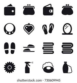 16 vector icon set : wallet, purse, necklace, heart pendant, flip-flops, mirror, slippers, towels, towel, flower, sprayer, soap, shampoo