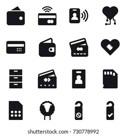 16 vector icon set : wallet, tap to pay, pass card, cardio chip, credit card, identity card, sheep, do not distrub, please clean