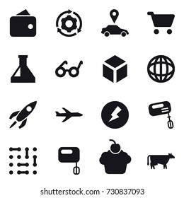 16 vector icon set : wallet, around gear, car pointer, cart, 3d, plane, electricity, mixer, cow