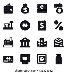 16 vector icon set : wallet, money bag, money, money gift, cashbox, crypto currency, receipt, percent, library, building, atm, safe