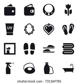16 vector icon set : wallet, necklace, uv cream, hawaiian wreath, heart pendant, flip-flops, flower in window, slippers, towel, sprayer, soap, shampoo, bath