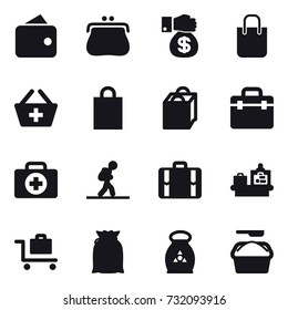 16 vector icon set : wallet, purse, money gift, shopping bag, add to basket, tourist, suitcase, baggage checking, baggage trolley, fertilizer, washing powder