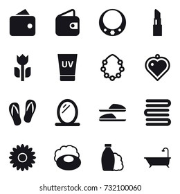 16 vector icon set : wallet, necklace, lipstick, uv cream, hawaiian wreath, heart pendant, flip-flops, mirror, slippers, towels, flower, soap, shampoo, bath