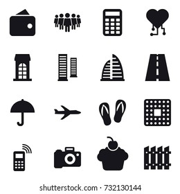 16 vector icon set : wallet, team, calculator, cardio chip, building, skyscrapers, skyscraper, plane, flip-flops, fence