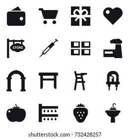 16 vector icon set : wallet, cart, gift, heart, store signboard, panel house, factory, arch, stool, Chair for babies, watering, strawberry, water tap sink