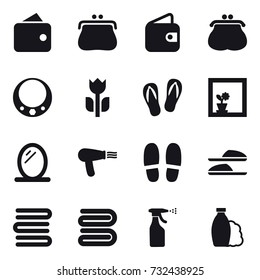 16 vector icon set : wallet, purse, necklace, flip-flops, flower in window, mirror, hair dryer, slippers, towels, towel, sprayer, shampoo