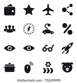 16 vector icon set : wallet, star, plane, molecule, group, lightning, electric car, percent, pan, pig