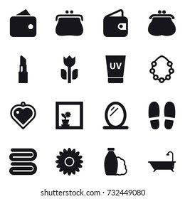 16 vector icon set : wallet, purse, lipstick, uv cream, Hawaiian wreath, heart pendant, flower in window, mirror, slippers, towel, flower, shampoo, bath