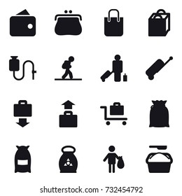 16 vector icon set : wallet, purse, shopping bag, tourist, passenger, suitcase, baggage get, baggage, baggage trolley, flour, fertilizer, trash, washing powder