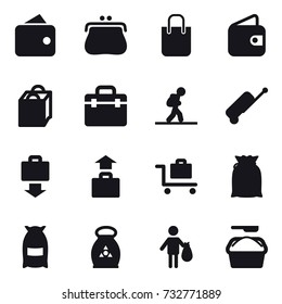 16 vector icon set : wallet, purse, shopping bag, tourist, suitcase, baggage get, baggage, baggage trolley, flour, fertilizer, trash, washing powder