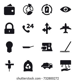 16 vector icon set : wallet, circle diagram, battery charge, lock, airplane, bulb, pan, rake, scarecrow, garbage bag, trash truck, hand dryer