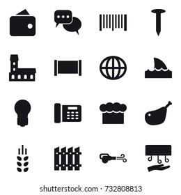 16 vector icon set : wallet, discussion, barcode, nail, mansion, fence, globe, shark flipper, bulb, chef  hat, spikelets, blower, hand dryer