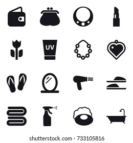 16 vector icon set : wallet, purse, necklace, lipstick, uv cream, hawaiian wreath, heart pendant, flip-flops, mirror, hair dryer, slippers, towel, sprayer, soap, bath