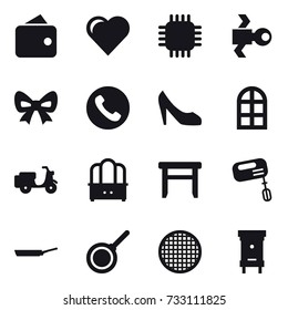16 vector icon set : wallet, heart, chip, satellite, bow, phone, shoes, arch window, dresser, stool, mixer, pan, hive