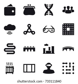 16 vector icon set : wallet, purse, dna, group, cloud wireless, spinner, smart glasses, cpu, bridge, city, radiator, window