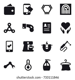 16 vector icon set : wallet, touch, hex molecule, fingerprint, spinner, hand coin, mobile checking, coffee maker, liquid soap, hanger