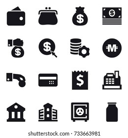 16 vector icon set : wallet, purse, money bag, money, money gift, dollar arrow, virtual mining, crypto currency, hand coin, credit card, receipt, cashbox, library, building, safe