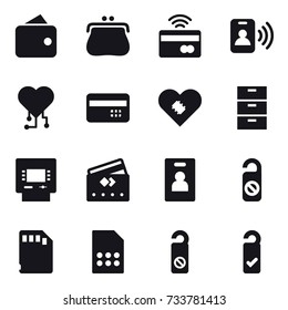 16 vector icon set : wallet, purse, tap to pay, pass card, cardio chip, credit card, atm, identity card, do not distrub, please clean