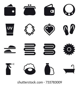 16 vector icon set : wallet, purse, necklace, uv cream, hawaiian wreath, heart pendant, flip-flops, slippers, towels, towel, flower, sprayer, soap, shampoo, bath
